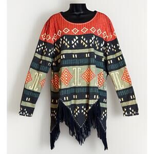 Double D Ranch LG Black Southwest Bead Embroidery Fringe Aztec Bandana Cowgirl